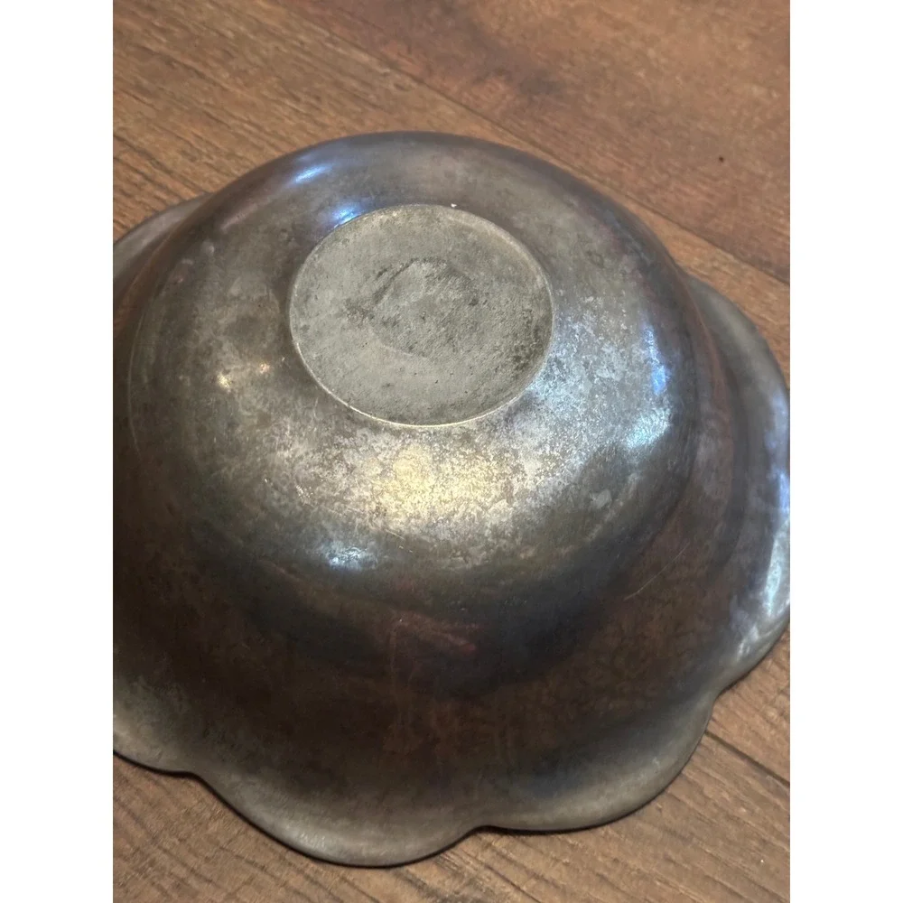 Vintage Embossed Floral Scalloped Rim Metal Pewter Style Decorative Serving Bowl
